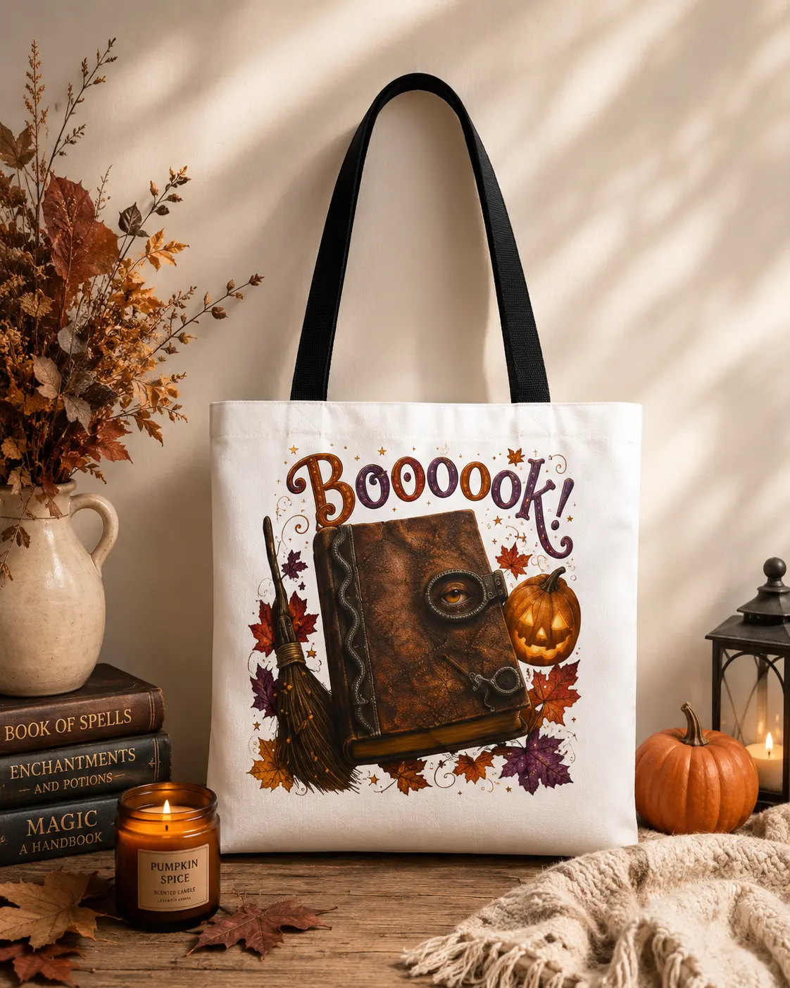 Women's Double Handle Tote Bag - Hocus Pocus Inspired, Halloween Themed, Witchy Pumpkin Design Book Tote, Double Handle Women's Tote Bags