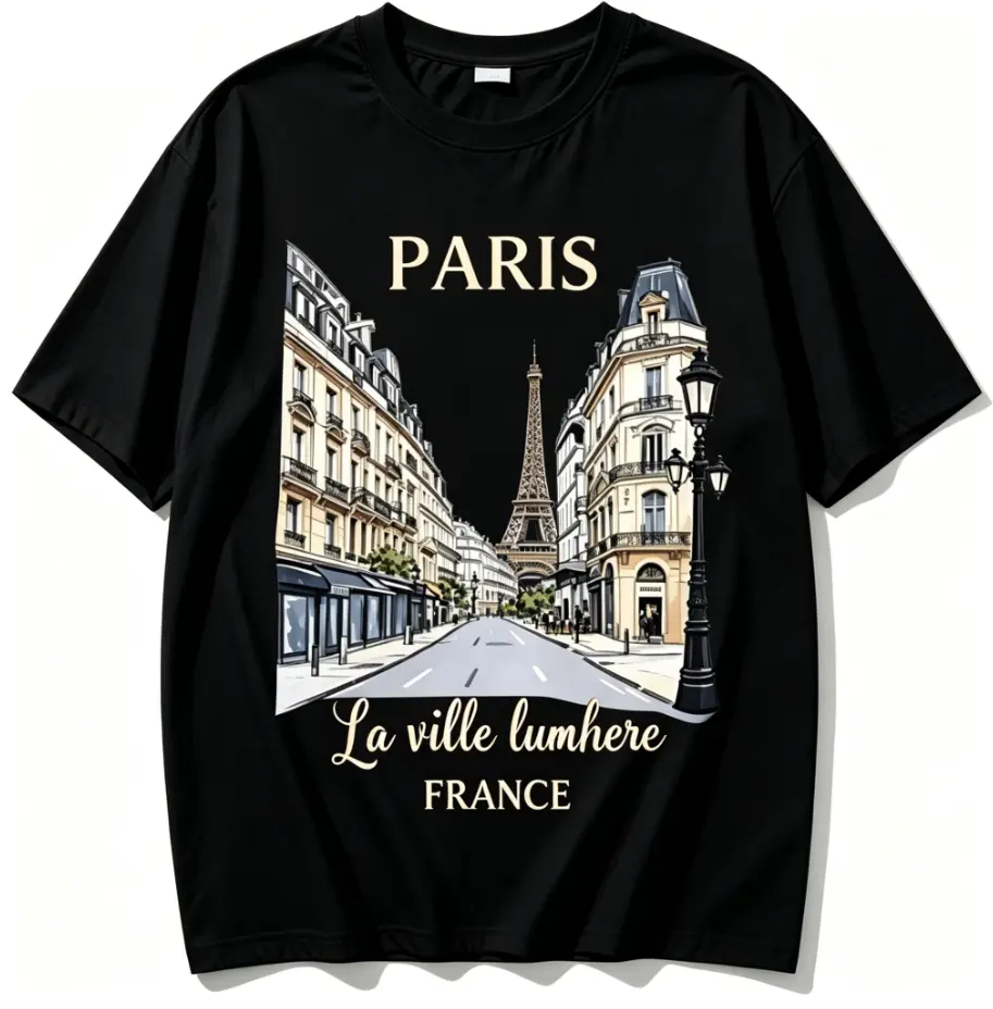 Vintage Paris Street Eiffel Tower Illustration Print Lightweight Cotton Short Sleeve, French Vacation Cotton Top
