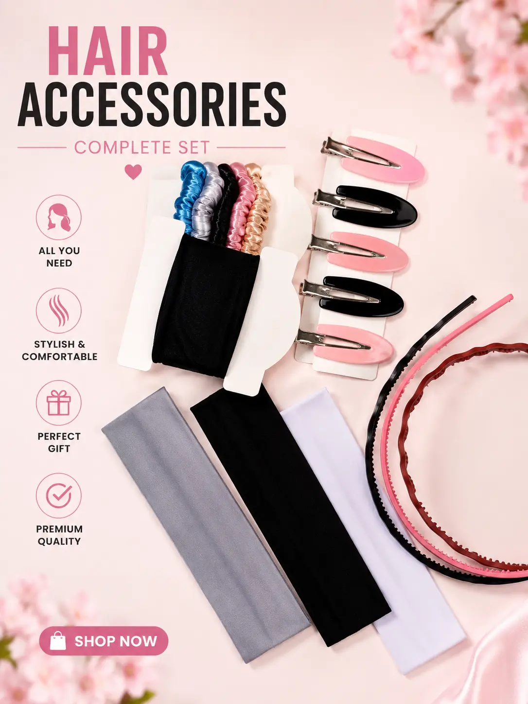 Hair Accessories Complete Set - Stylish & Comfortable Premium Quality Gift Set for All Your Hair Needs,26-Piece Hair Accessories Set – Headbands, Hair Ties & Clips