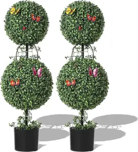 【Christmas Gift】3 FT Artificial Double Ball Topiary Trees with Pot 2 PCS Topiary Trees Artificial Outdoor with Moss  Vine  Butterfly Decor  All Year Green Outdoor Faux Plants for Front Porch  Home Decor Decorative Fruit Decoration Gift