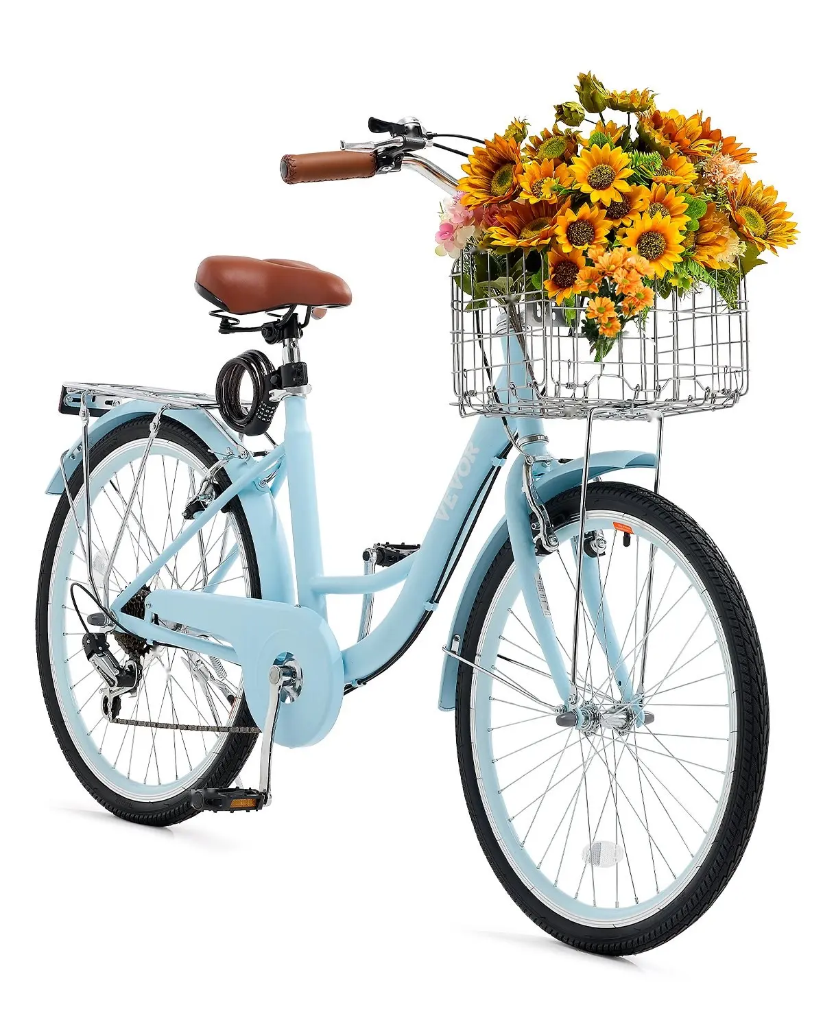 24-Inch Cruiser Bike With 7-Speed Gearing, Light Blue Frame, Comfortable Ergonomic Saddle, Front Basket And Rear Rack, Steel Frame, Wide Cruiser Tires, Ideal For Beach, Poolside, Park, City Commuting, Adults
