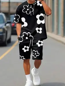 Men's 3D floral print casual Fitted suit, a two-piece set including a summer sporty crew neck short-sleeved top and shorts, suitable for outdoor and street wear.