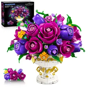 Purple Rose Flower Building Set – 905 PCS Botanical Flowers Bouquet Building Block Kit with Decorative Vase, 18 Rose Bonsai Collection, Magnetic Blocks, Home Decor, Birthday Gift for Adults & Kids 12+