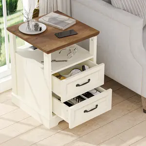 HOMMPA 18'' Farmhouse Nightstand with Charging Station, Bedside Tables with Open Shelf, 2 Drawers End Table Dresser Side Table, Wood Night Stand for Bedroom, Rustic White