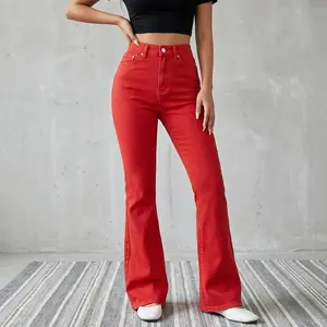 Women's High-Waisted Stretchy Flare Jeans - Vibrant Red Wide- Bell Bottom Pants, Mid-Rise Retro Style with Pockets, All-Season Machine Washable (Non-Sheer)