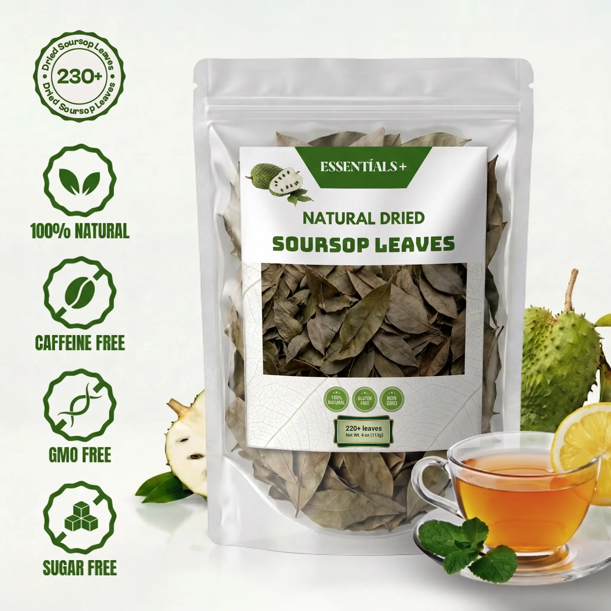 Premium Soursop (Graviola) Loose Leaf Herbal Tea - 230+ Whole Leaves, Herbal Flavor, Caffeine Free, Sugar Free, Daily Tea, Hojas de Guanabana