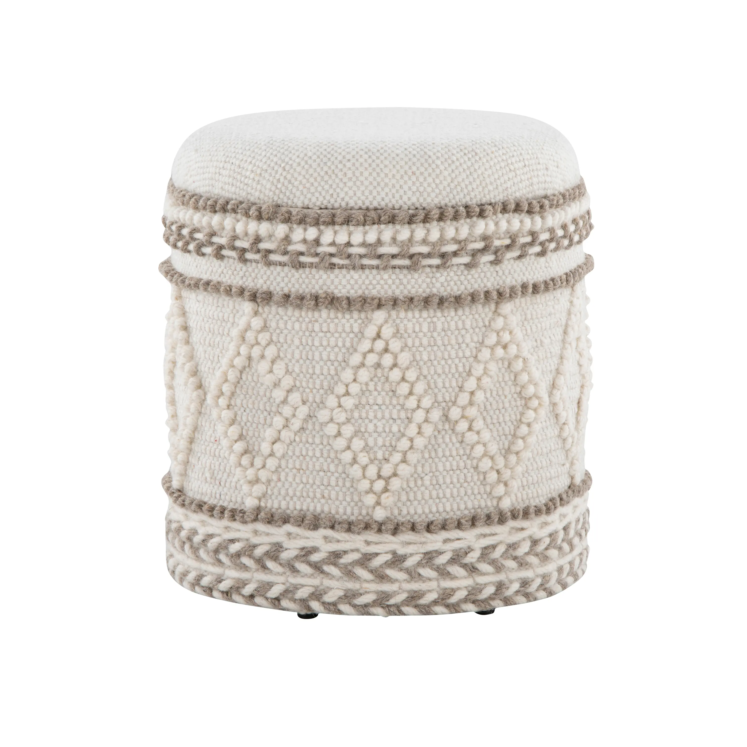 Handwoven Wool Storage Ottoman with Tufted Knot Design, Beige, 18 Inches
