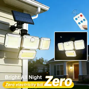Solar Motion Sensor Outdoor Light 4-Head 333 LED Remote-Controlled Waterproof IP65 Wall Lamp 3 Modes for Exterior Walls Pathways Dusk to Dawn Commercial Parking Lot Yard Lighting Garden Garage Yard Porch Driveway