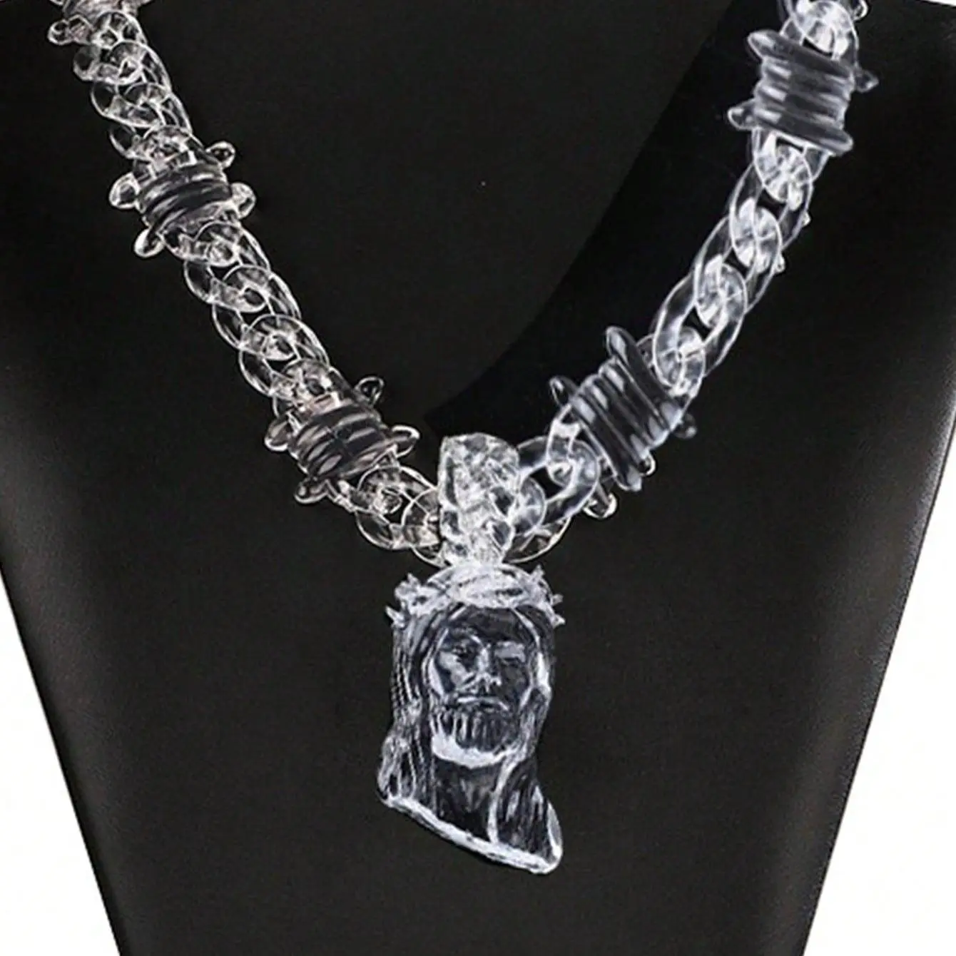 FaithFilledFinds Jesus Pendant Necklace with Clear Barbed Wire Chain - Men's Streetwear Jewelry, Trendy Daily Wear Accessory, Birthday & Christmas Gift