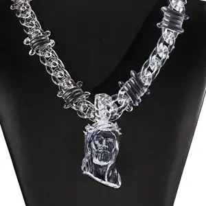 FaithFilledFinds Jesus Pendant Necklace with Clear Barbed Wire Chain - Men's Streetwear Jewelry, Trendy Daily Wear Accessory, Birthday & Christmas Gift