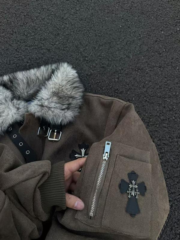 Unisex American Vintage Faux Fur Trim Mountain Carved Cotton Jacket, fleece lining + faux fur trim design + metal button decoration + cross embroidery + side zipper pocket + durable fabric construction, perfect for commuting or everyday street style, prov