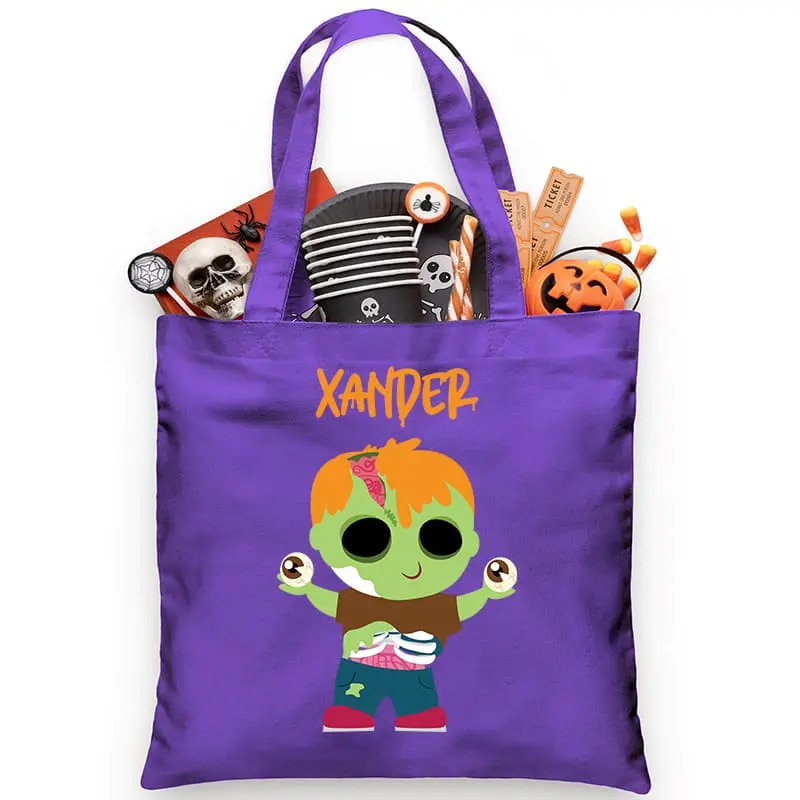 Xander Eyeballs Zombie Trick or Treat Bag - Purple Tote with Character Design, Ideal for Halloween Gifts