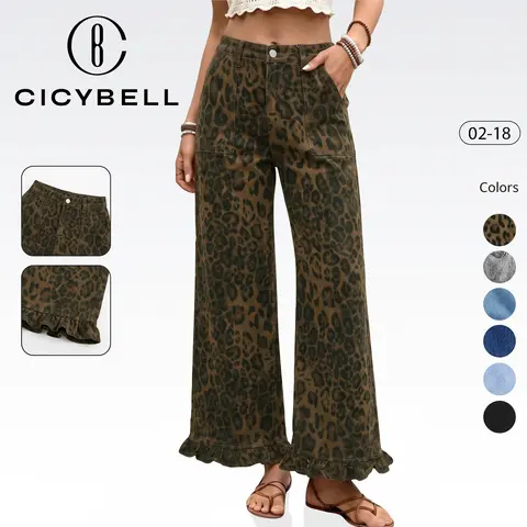 Cicy Bell Womens Ruffle Wide Leg Jeans Cropped High Waisted Baggy Trendy Denim Pants with Pockets