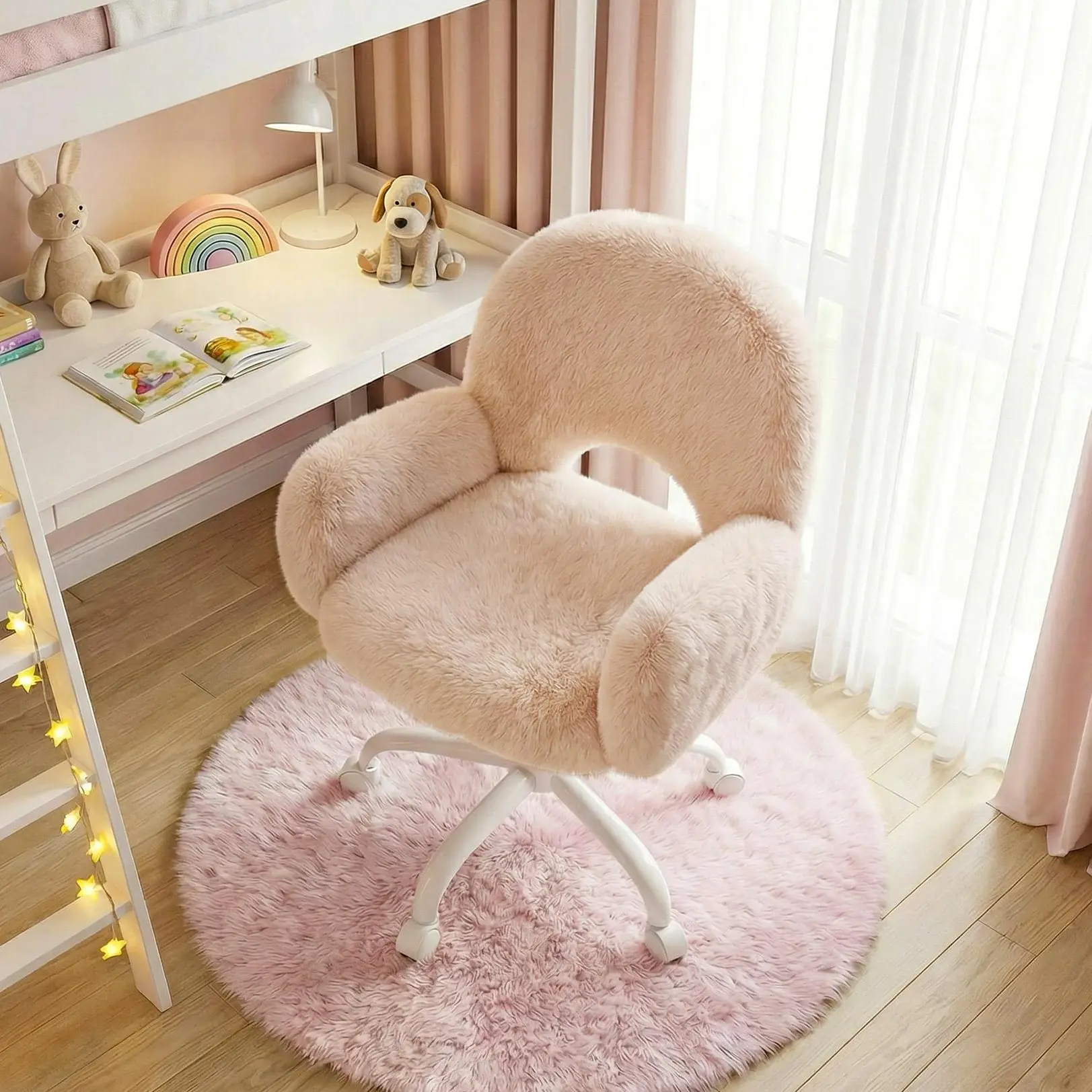 【Summervibes】Raybee Makeup Vanity Chair with Arms, Comfy  Faux Rabbit Fur Desk Chair with Rolling Wheels & Round Hollow Back, Swivel Chair for Bedroom, Make-up Room, Home Office, Height Adjustable, Peach Color