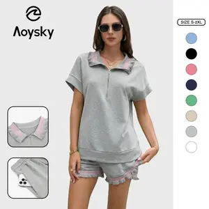 Aoysky 2 Piece Outfits Short Sets for Women Sweatsuit Casual Tracksuits Summer Half Zip Ruffle Tops Matching Sets
