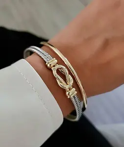 Silver Cable Reef Knot Bangle - 18K Gold Filled, Silver Cable, Adjustable Inner Wrist, Two Tone Design, Casual Style