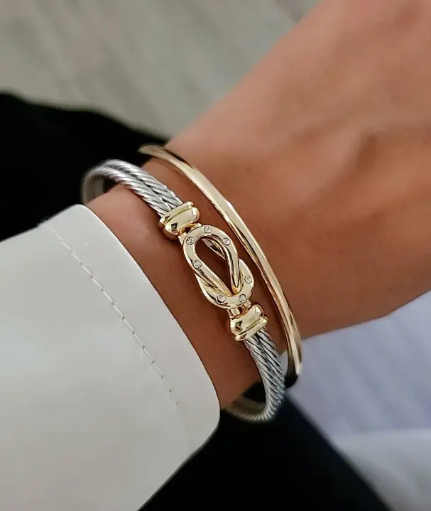Silver Cable Reef Knot Bangle - 18K Gold Filled, Silver Cable, Adjustable Inner Wrist, Two Tone Design, Casual Style