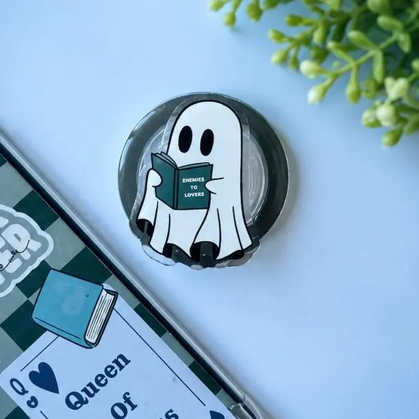 Aesthetic Ghost Reading Phone Grip, 2D Acrylic Phone Stand Holder, Funny Book Lover Theme Phone Socket for iPhone & Android, Gift