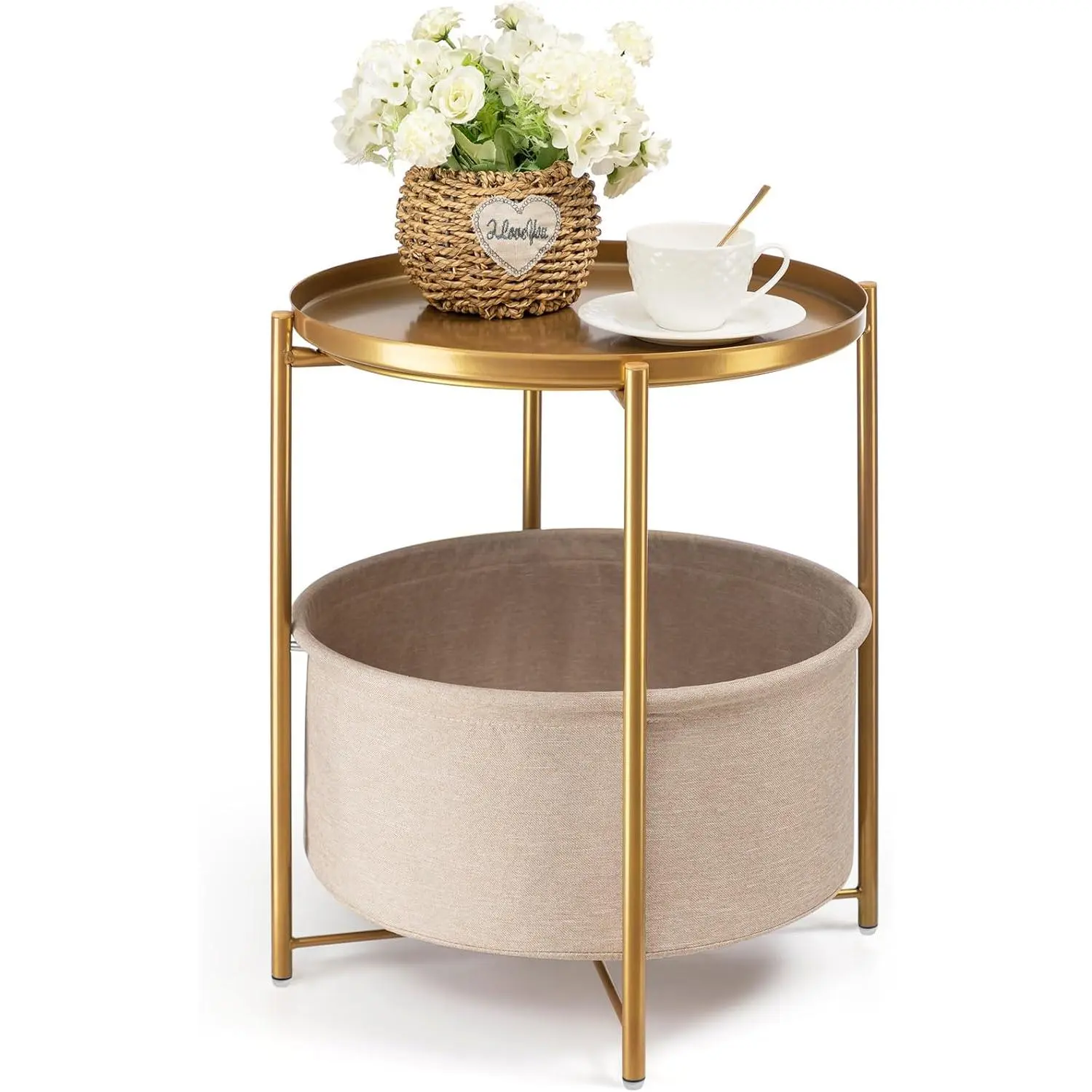 Round Side Table with Fabric Storage Basket, Metal Side Small Bedside Table Nightstand with Removable Tray Top for Living Room, Bedroom, , Laundry,