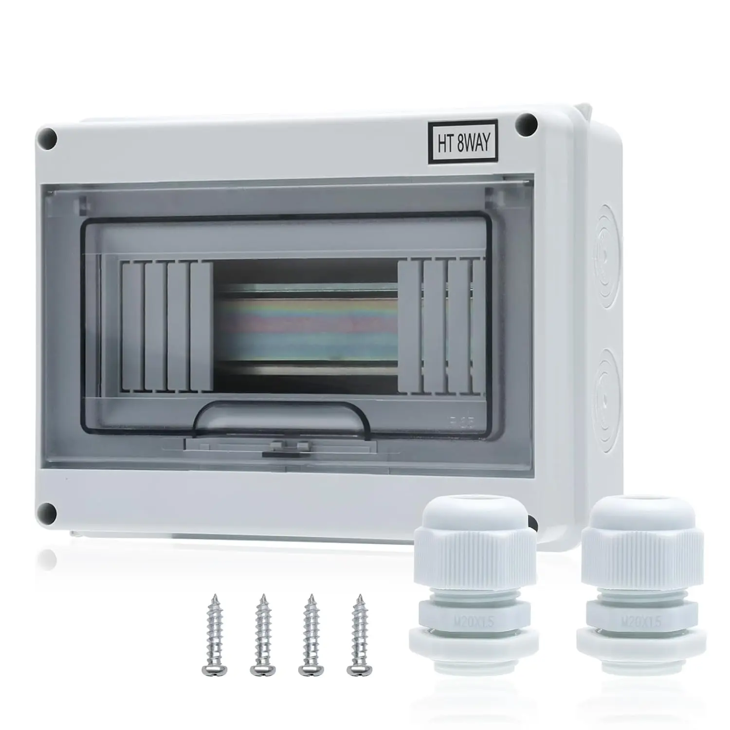 8 Way Distribution Protection Box ABS/PC Alloy Plastic Transparent Cover IP66 Waterproof Circuit Breaker Distribution Box with DIN Rail and Waterproof Connector