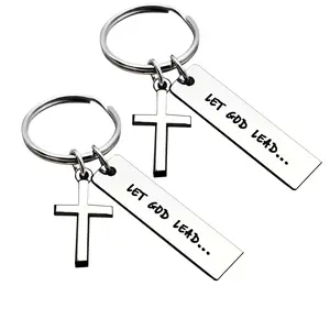 Stainless Steel Engraved Bible Verse Cross Keychains, Fashion Faith-Inspired Accessory, Religious Inspirational Birthday Gift for Boyfriends, Let God Lead Jewelry
