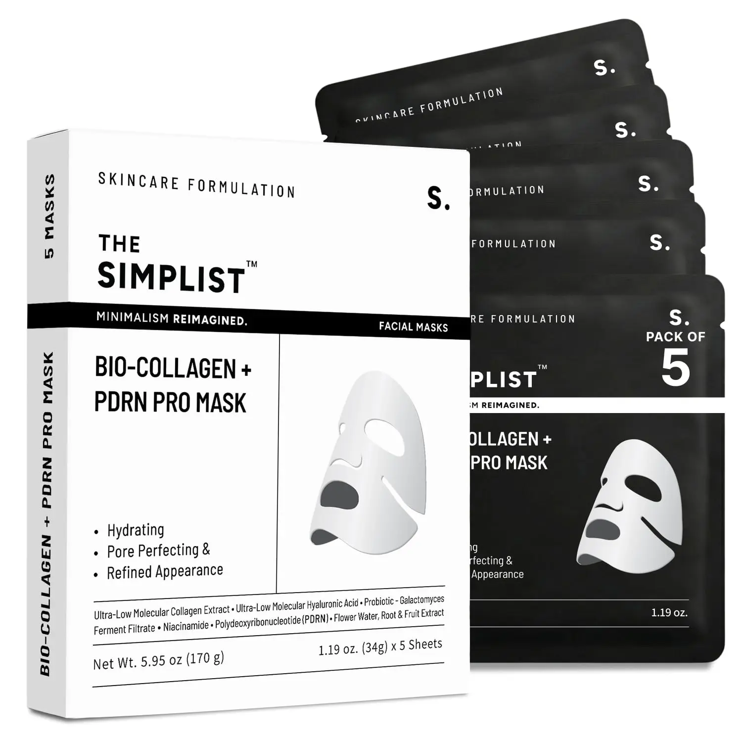 Bio-Collagen PDRN Real Deep Mask, Hydrating Overnight Hydrogel Face Mask, Pore Perfecting, Plumping, Travel Essentials Self Care Gifts for Women, Skin Care 1.19oz(34g) x 5ea
