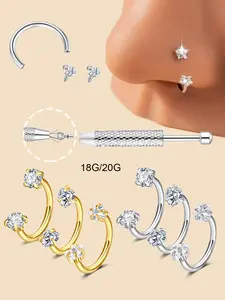 Unisex Gender Neutral Stainless Steel Cz Inlay Nose Ring, Fashionable Party Jewelry, 20g/18g Body Piercing, Versatile Heart Pattern, All Seasons