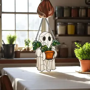 Ghost Suncatcher Acrylic Window Hanging Decoration Cute Ghosts with Plant Decorations Eerie Home Halloween Ornaments for Home Bedroom Living Room Face 1Counta