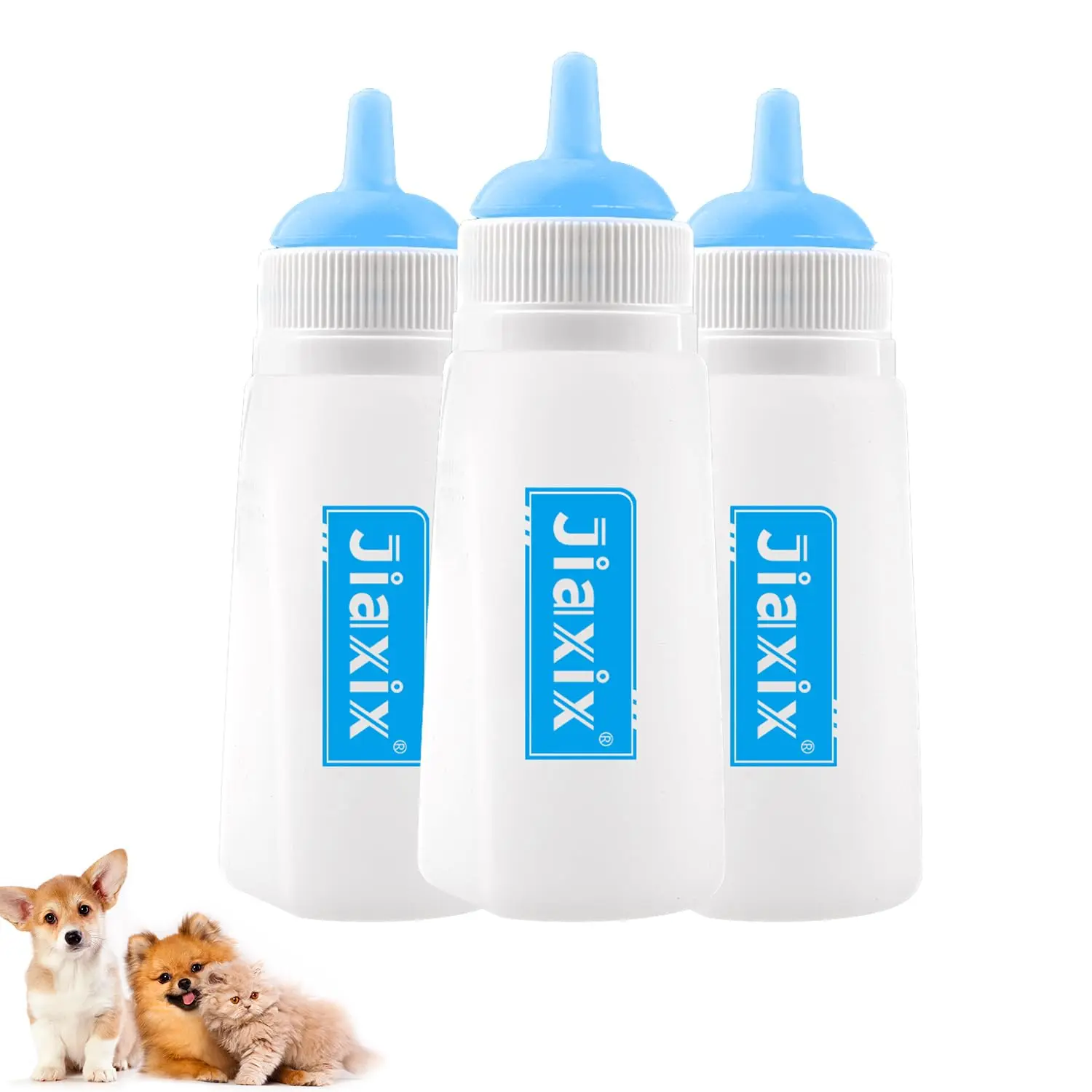 3-Pack Silicone Pet Feeding Kit with Reusable Nipples, Large Blue Supplies for Kittens, Rabbits