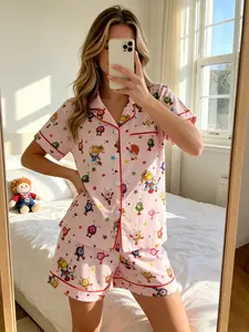 Rainbow Girl Print Women's Pajama Set, Comfortable Wear-Home Two-Piece, Short Sleeve Button-Up Top & Elastic Shorts, Casual Homewear Gift