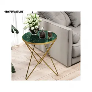 High quality  HLR Modern Round End with Marble Effect Top Metal Frame Small Side Table for Living Room Bedroom Sofa and Couch Gold Legs Cloakroom Decor