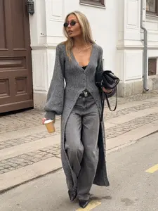 Women's Autumn And Winter New Solid Color Deep V-Neck Lantern Sleeve Front Button Long Knitted Cardigan, Daily Casual Commuter Sweater Top Coat Jacket Knitwear