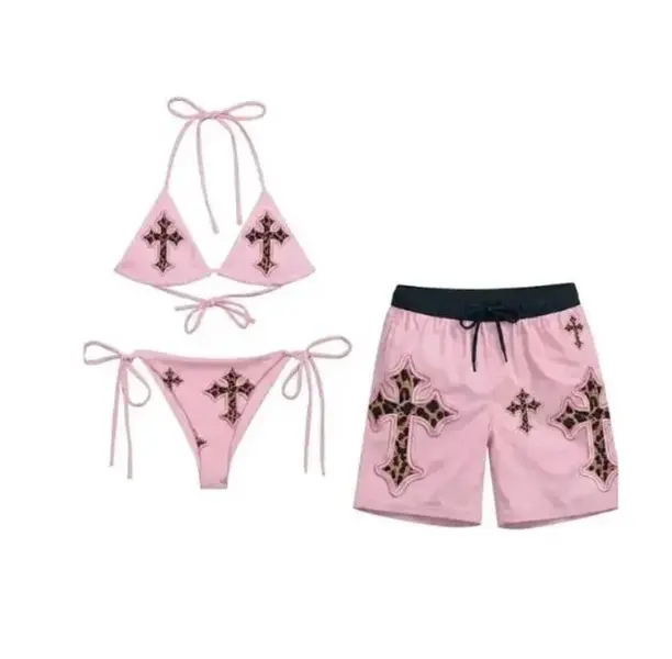 Summer Cross Matching Couple Swimsuit Set – Gothic Bikini & Men’s Sports Mesh Shorts, Beach Party Vacation Outfit