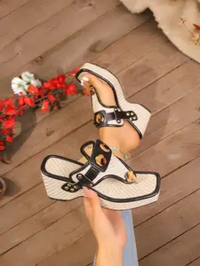 Meadow Style Open-Toe Sandals, Straw Thick Sole Metal Buckle Wedge Shoes, Casual All-Season Footwear