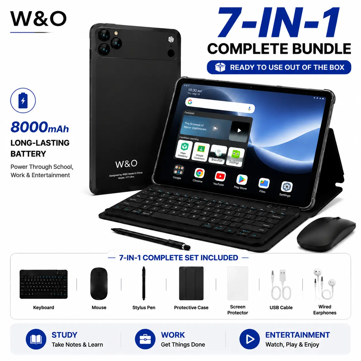 W&O X17 Ultra 10.1" Android 15 Tablet with Keyboard and Mouse, 8GB RAM 256GB ROM, 8000mAh Battery, 7-in-1 Tablet Bundle with Stylus Pen Case Screen Protector, Portable Tablet for Students, Work & Entertainment