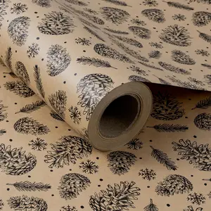 Christmas Wrapping Paper,  Roll  Paper - Black Pinecone Design for Holiday  Wrap - 30 Inches x 100