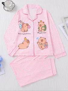 Women's Sleepwear Set, Hamster Print, Party Pajamas, Soft Long Sleeve Shirt & Loose Elastic Pants, Casual Home Wear, Fall&winter