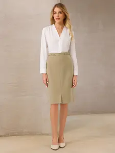 INSPIRE CHIC Women's Business Pencil Skirt High Waist Formal Work Knee Length Skirts Khaki