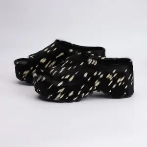 Calf Hair Leather Designer Luxury Platform Mules Lined Slip On Clogs with Unique Spotted Pattern and Comfortable Fit