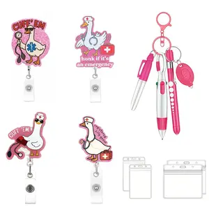Creative Goose Badge Clip Set, Badge Reels with, Mini Fluorescent Pen, Permanent Marker, Ballpoint Pen, Transparent Card Holder, Office Supplies, Nurse Badge Reel