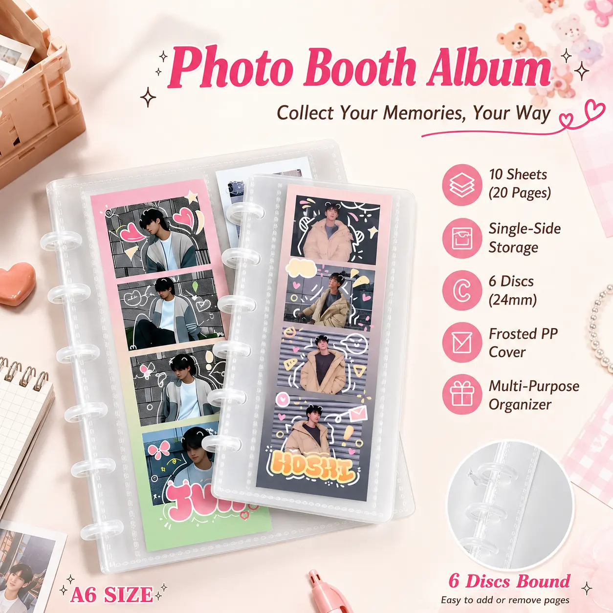 Photo Booth Album with Frosted PP Cover 10 Sheets Clear PP Sleeves 6 Discs Bound Organizer Storage Book For 2x6-inch Photos, Stickers Photos Cards (6 Rings 1 Pocket) Decor