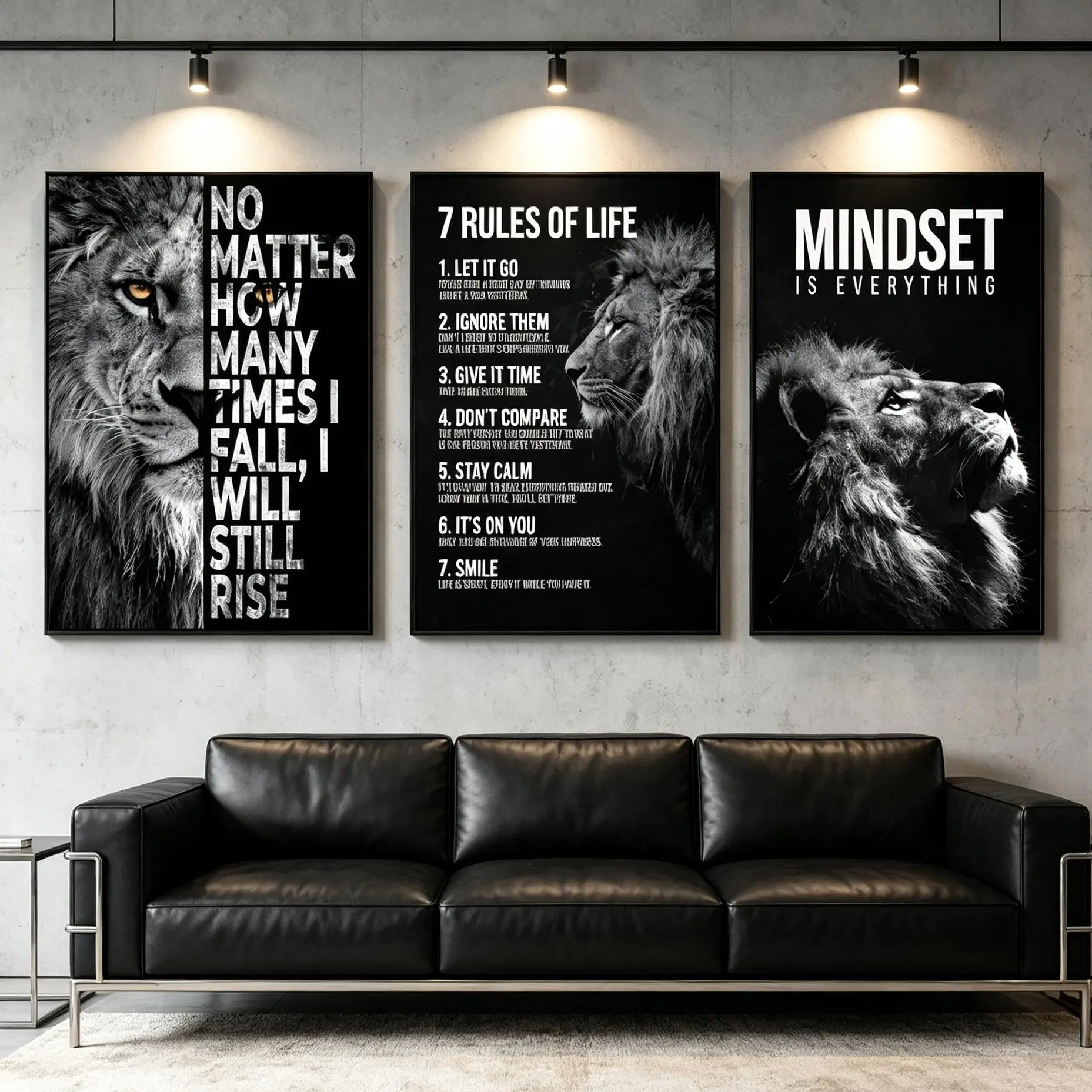 Lion Motivational 3 Panel Poster Set, Mindset Is Everything, 7 Rules Of Life Inspirational Quote Wall Art, Black White Lion Canvas Print, Positive Mindset Wall Hanging, Cool Motivational Decor, Great Gift For Office, Bedroom, Gym And Man Cave