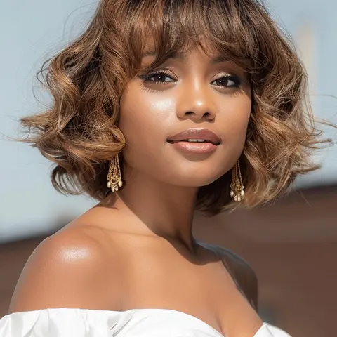 10 Inch Short Wavy Bob Wigs for Women, Real Hair Wig, Gorgeous Fluffy Wigs with Bangs, Adjustable Human Hair Curly Wigs for Party, Daily Use