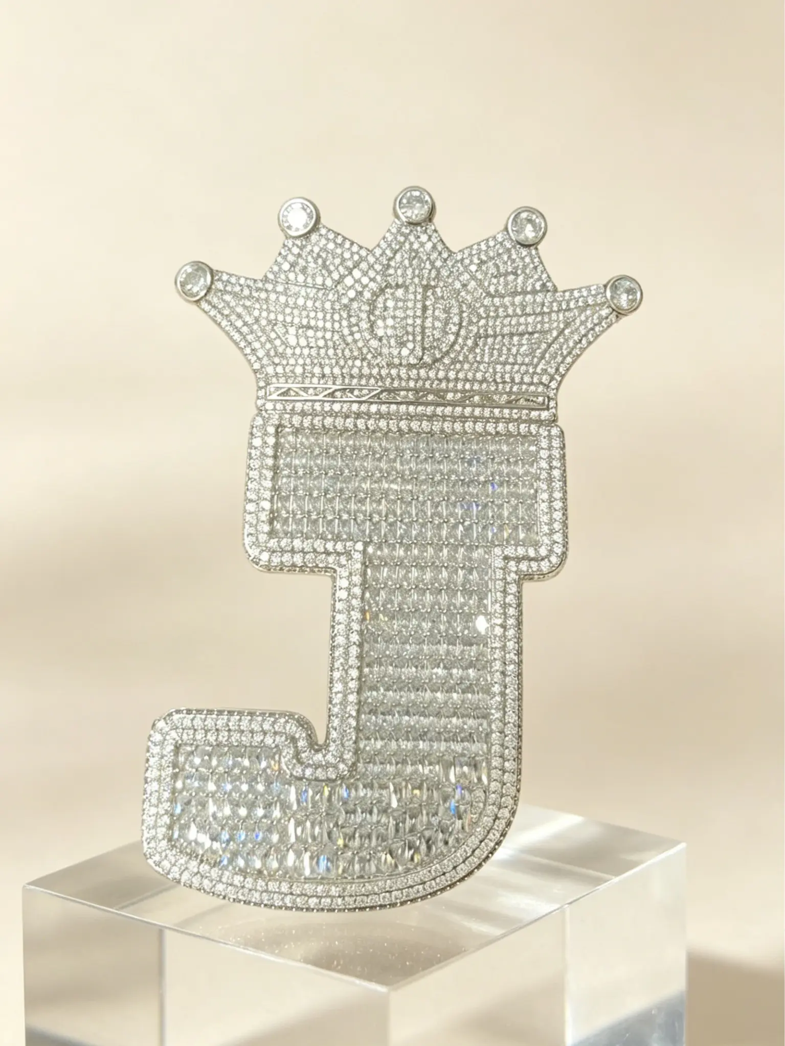M2-2344 Crowned Initial Pendant - Letter J Blinged-Out Iced-Out Hip Hop Streetwear Fashion Statement Charm summerwins