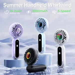 LAMJIE 3-in-1 Foldable Handheld Fan | Up to 14 Hours Battery Life, 5-Speed Cooling with LED Display | Handheld/Neck/Desk Fan for Travel, Office & Outdoor