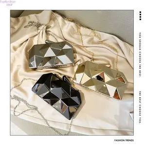 2026 Trendy Geometric Faceted Metallic Clutch Purse, Glossy Mirror Finish Box Evening Handbag with Chain Strap, Mini Crossbody Shoulder Bag for Party, Wedding & Banquet