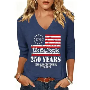 Women's Patriotic 3/4 Sleeve Shirt, We The People 1776-2026 USA 250 Years V Neck Top, American Flag Graphic Casual Blouse, Loose Fit Tunic Tee for 4th of July, Independence Day, BBQ, Parade and Vacation Wear Look，S-5XL