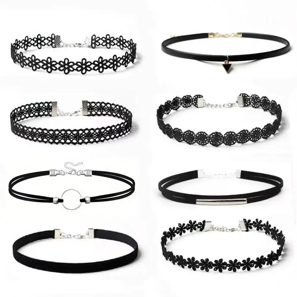 The Ultimate Layered Look - 8pcs Black Choker Set, Grunge Lace & Metal Collars, Edgy Y2K Alt Jewelry.