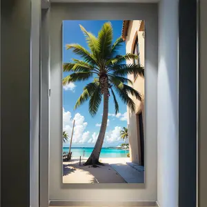 Tropical Palm Beach Canvas Print Coastal Wall Art with Blue Sky White Sand Summer Vacation Poster for Living Room Bedroom Decor Vibrant Ocean Scene Coconut Tree