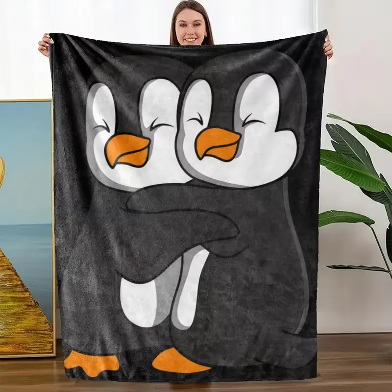 A cozy and adorable flannel blanket featuring a twin-penguin pattern; soft with high-definition digital printing, made of soft, breathable 100% polyester—a perfect gift for family and friends, suitable for all seasons.